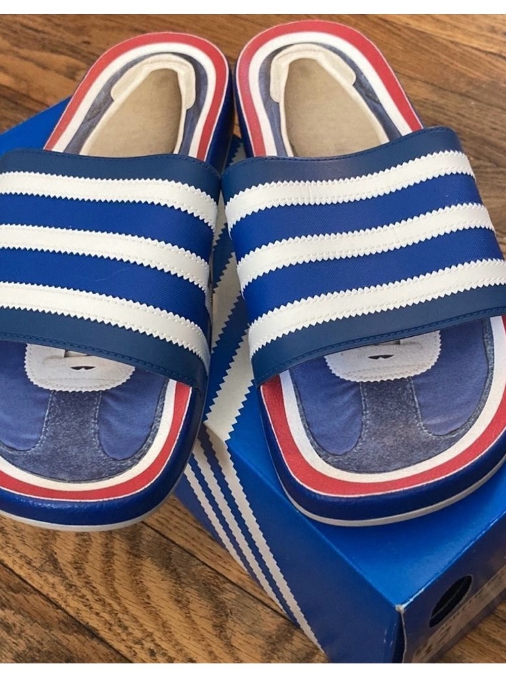 Adidas Blue White and Red Slide Sandals